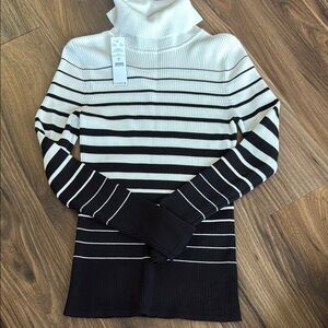 WHBM Striped Black and Off-White Turtleneck Sweater